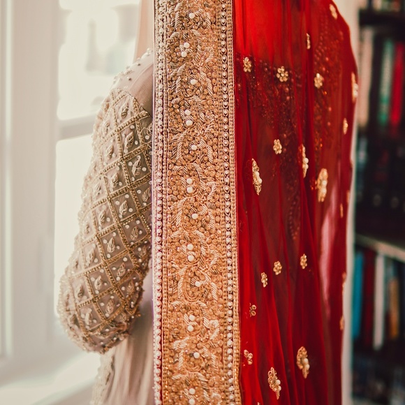 Royal Maroon and Taupe Indian Pakistani Bridal Lehenga Kameez - Picture 9 of 11